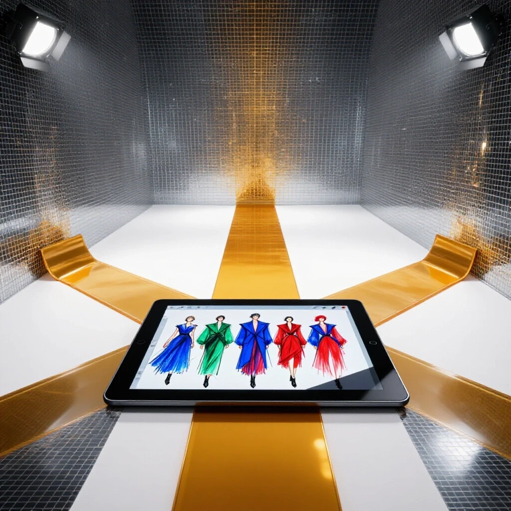 Central 3D scene showing a digital drawing tablet with vibrant fashion sketches and a glossy runway fading into cyberspace, set on a luminous clean background with bold, rich colors and no people.
