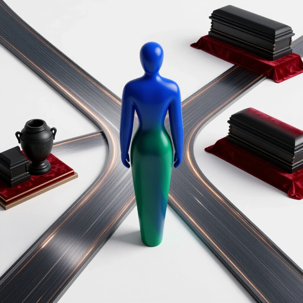 Abstract figure at central crossroads between digital portal and classic funeral scene, vivid colors, bright studio setting.