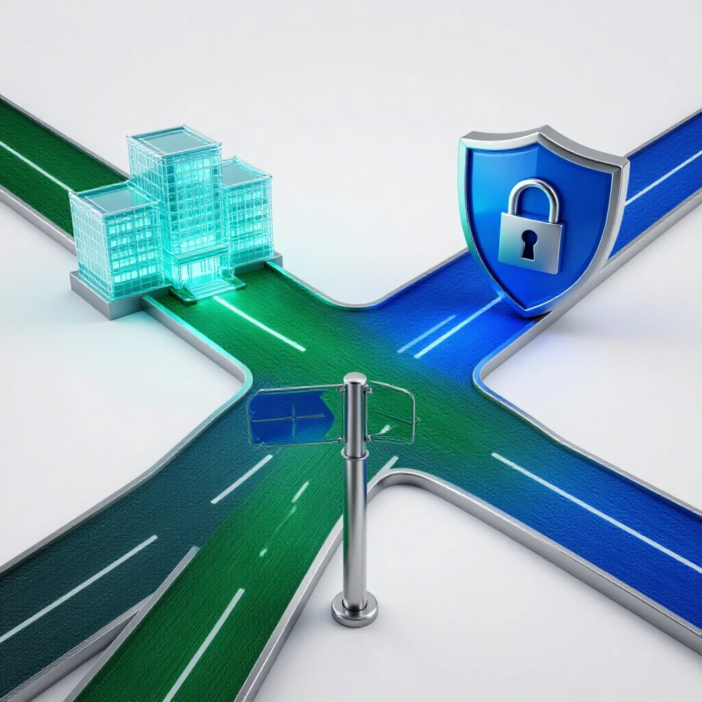 A digital crossroads with an illuminated hospital on one path and a secure shield lock on the other, representing healthcare compliance decisions.