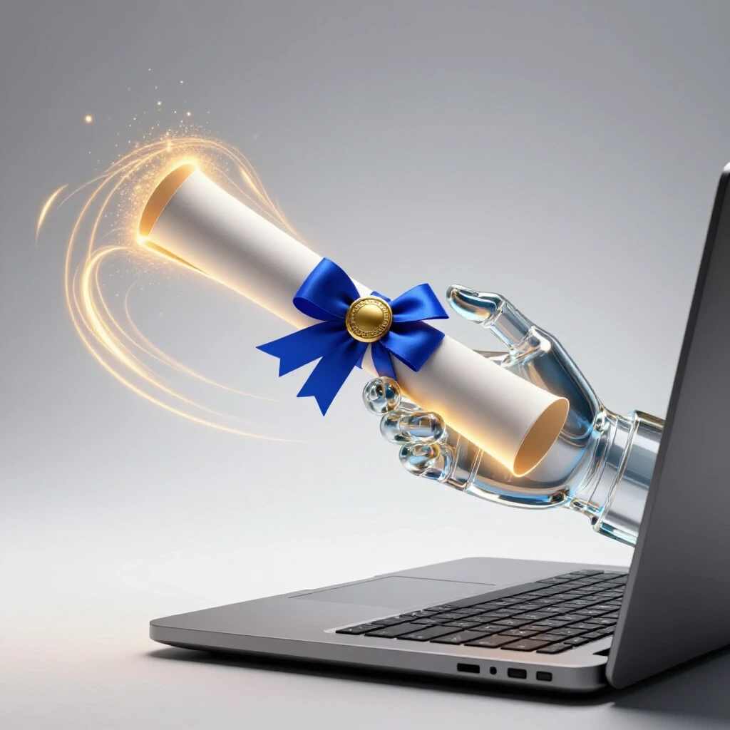 A glowing law degree scroll with a rich blue ribbon is handed from a digital hand emerging out of a laptop, surrounded by golden light on a bright background.