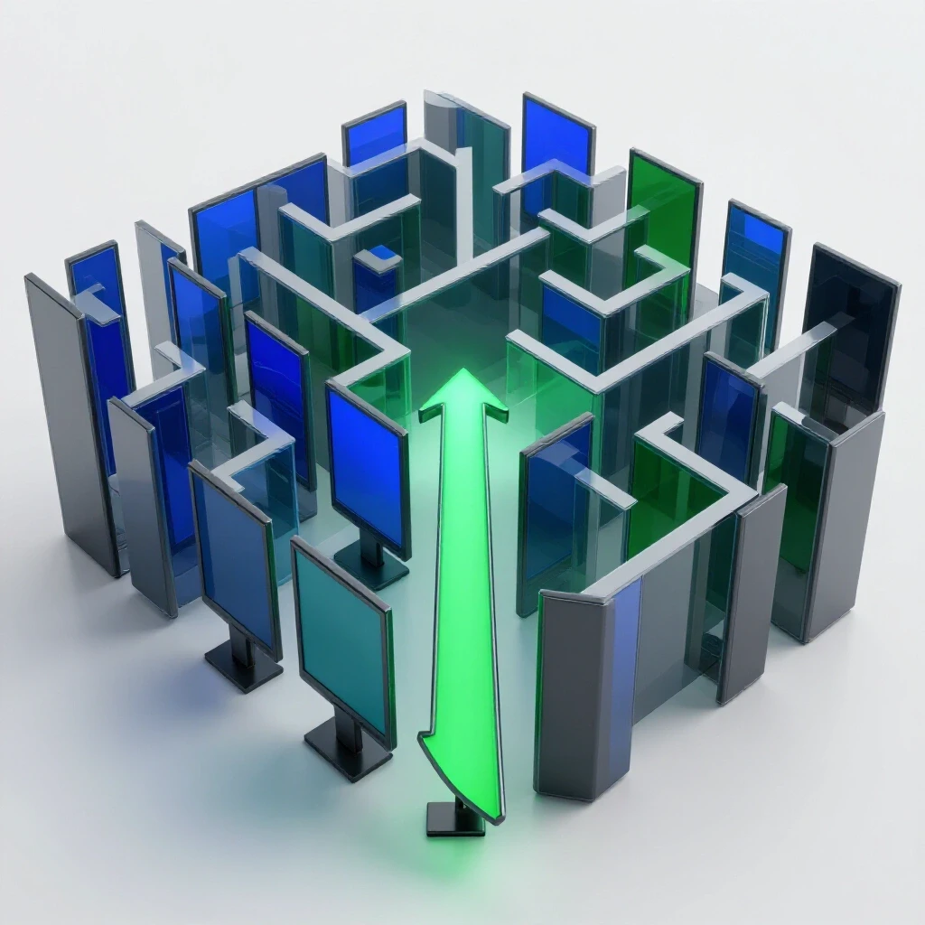 Maze of glowing, colorful computer screens with a lit path, symbolizing navigating online learning challenges.