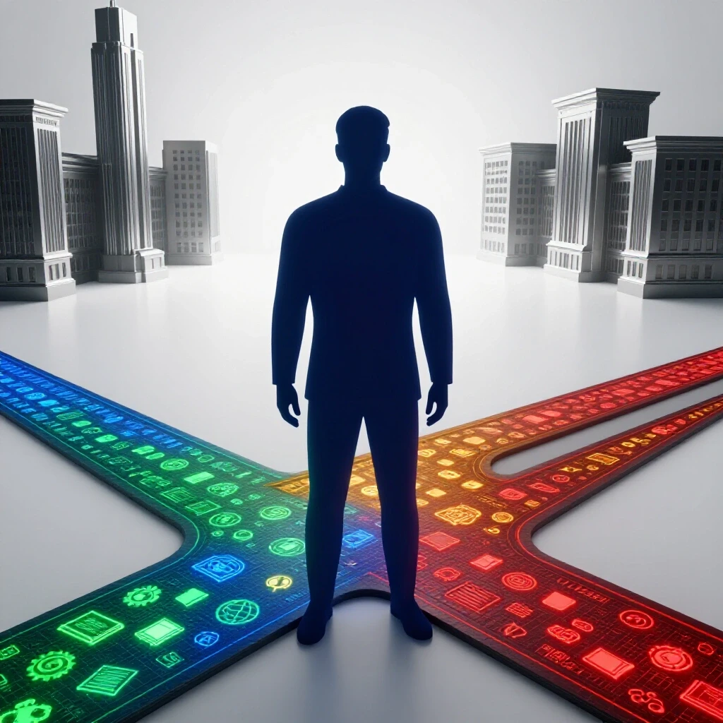 Abstract figure at a crossroads with glowing icons representing life experience, academic buildings fading in background
