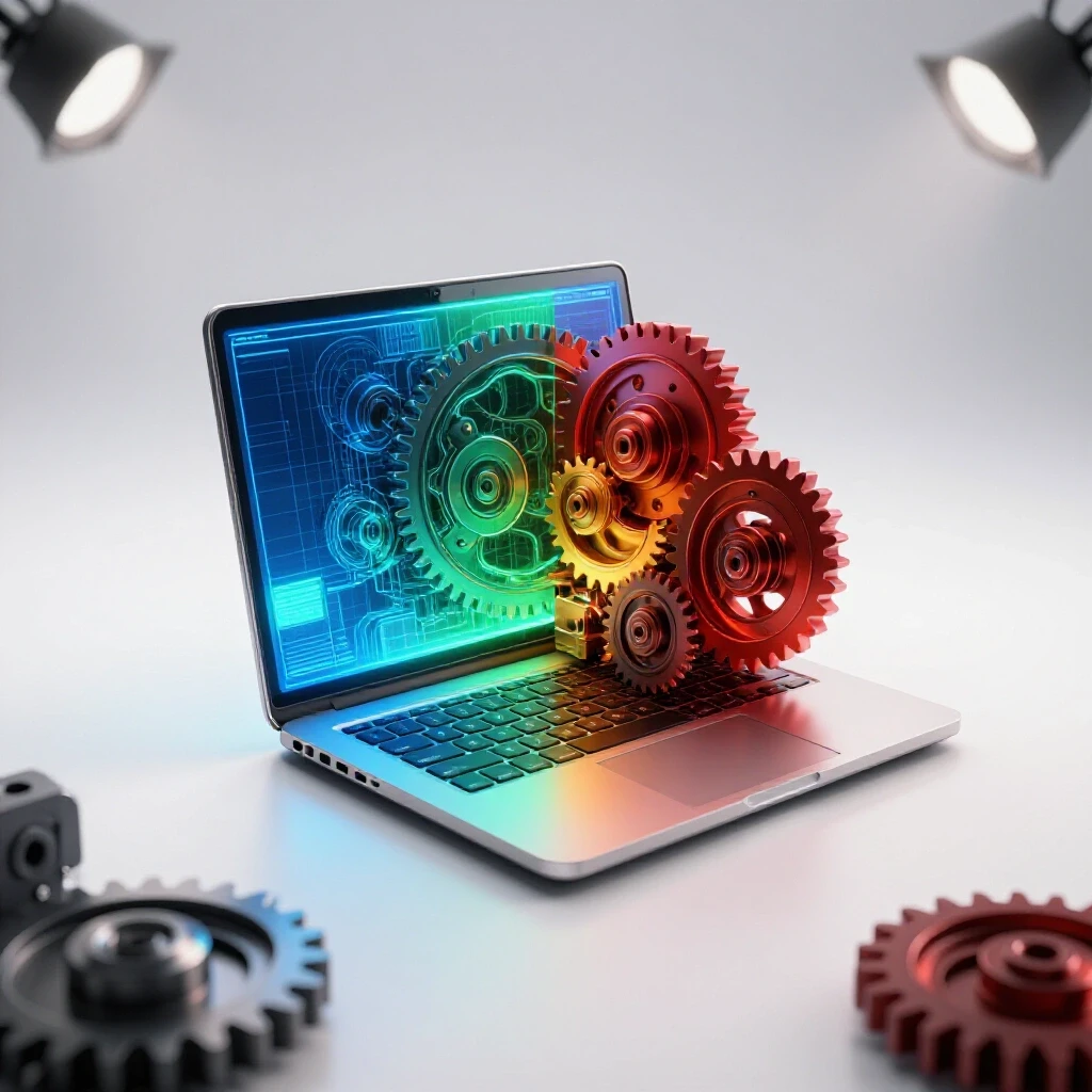 Split scene showing a glowing laptop transforming into vibrant industrial machinery on a bright, clean background