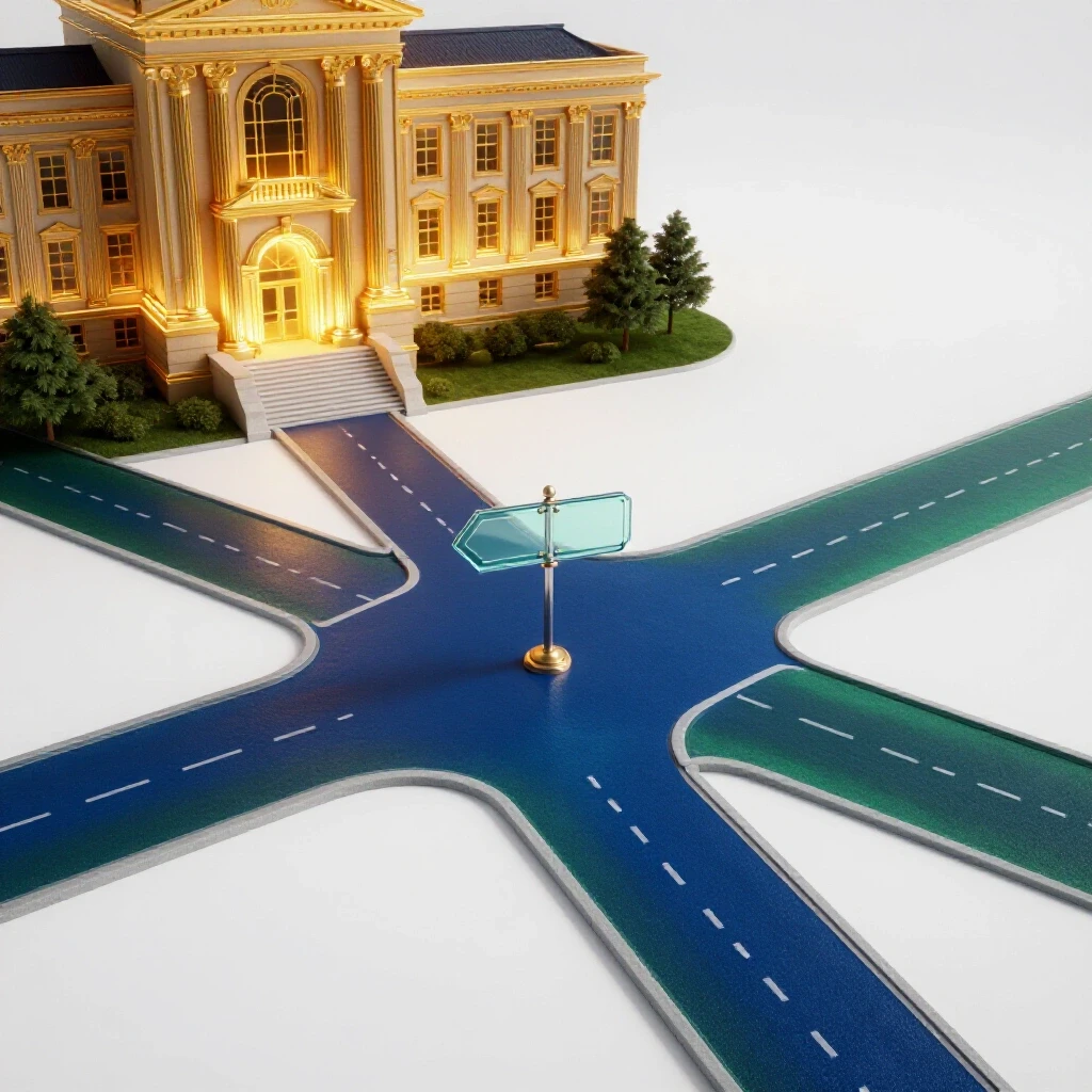 Glossy crossroads with sign, leading to a glowing university building on one path and a fading shadowy route on another, set in a bright studio environment.