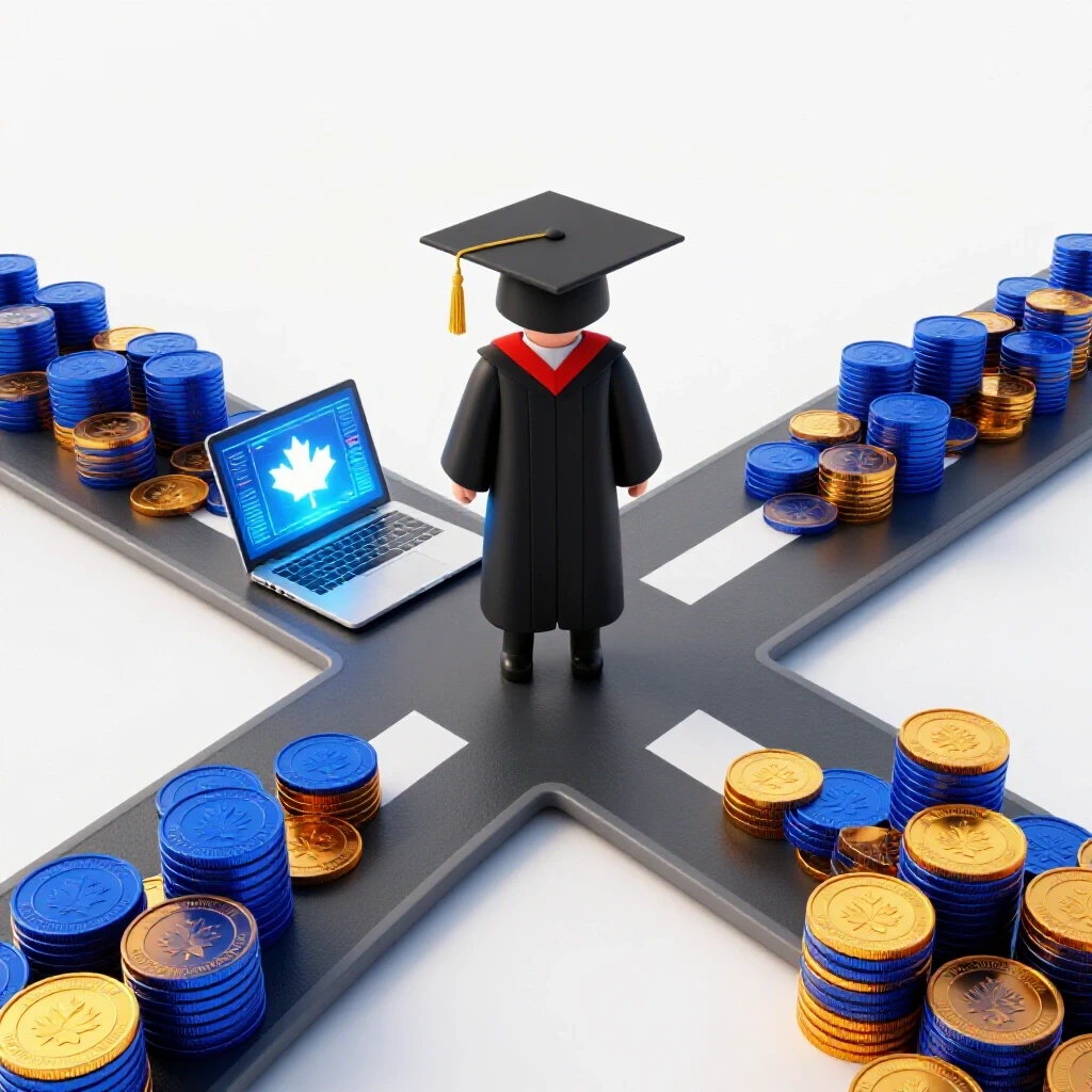 A crossroads scene featuring a graduation cap and gown, with one path to a glowing diploma on a laptop and another to stacks of coins, all on a bright background.