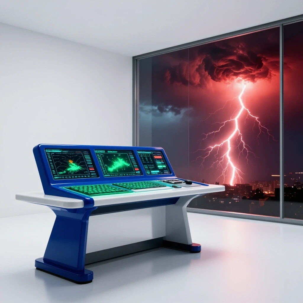 Dramatic split scene with a digital weather console indoors and a swirling storm outside, set on a bright background.