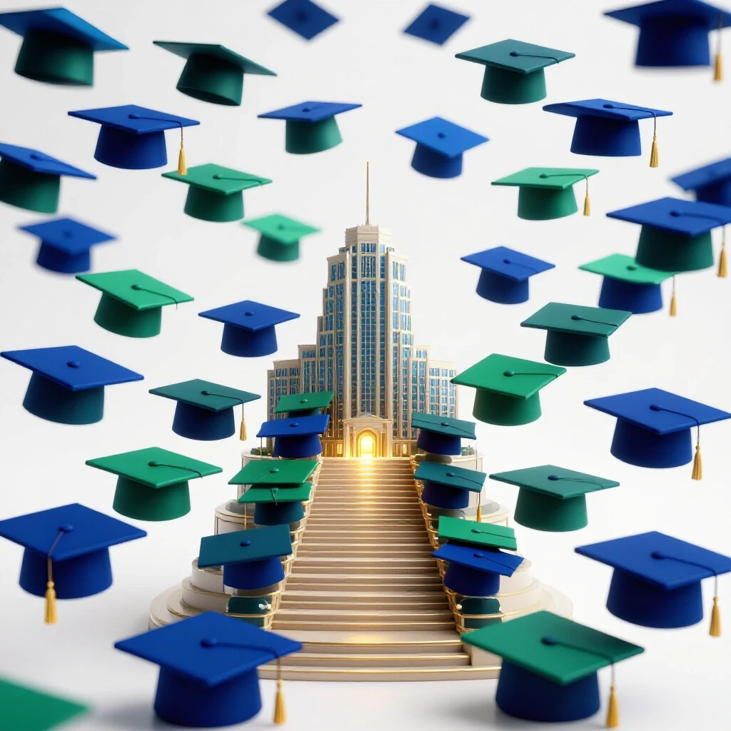 A pathway of glossy graduation caps ascends to a glowing university building atop a pedestal, symbolizing academic prestige.