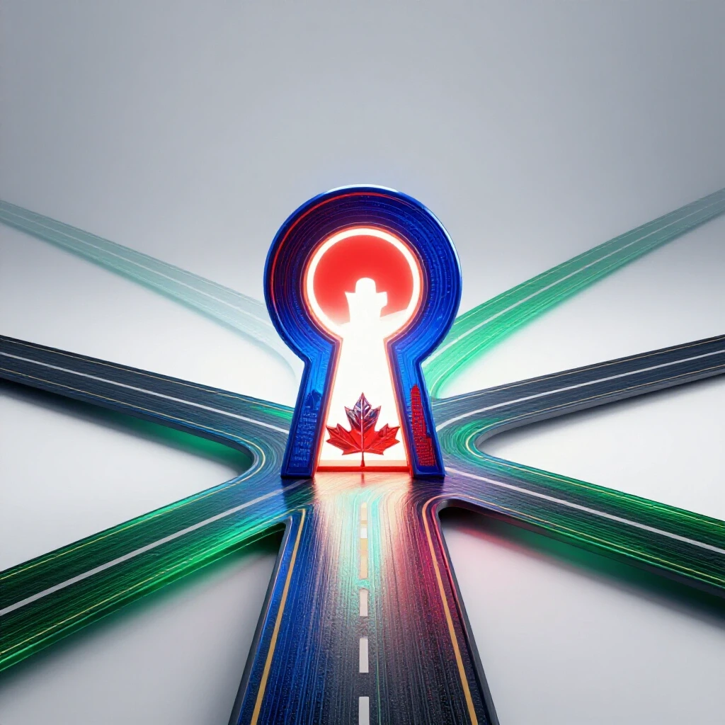A glowing keyhole at the center of converging digital pathways with Canadian icons in a luminous studio scene.