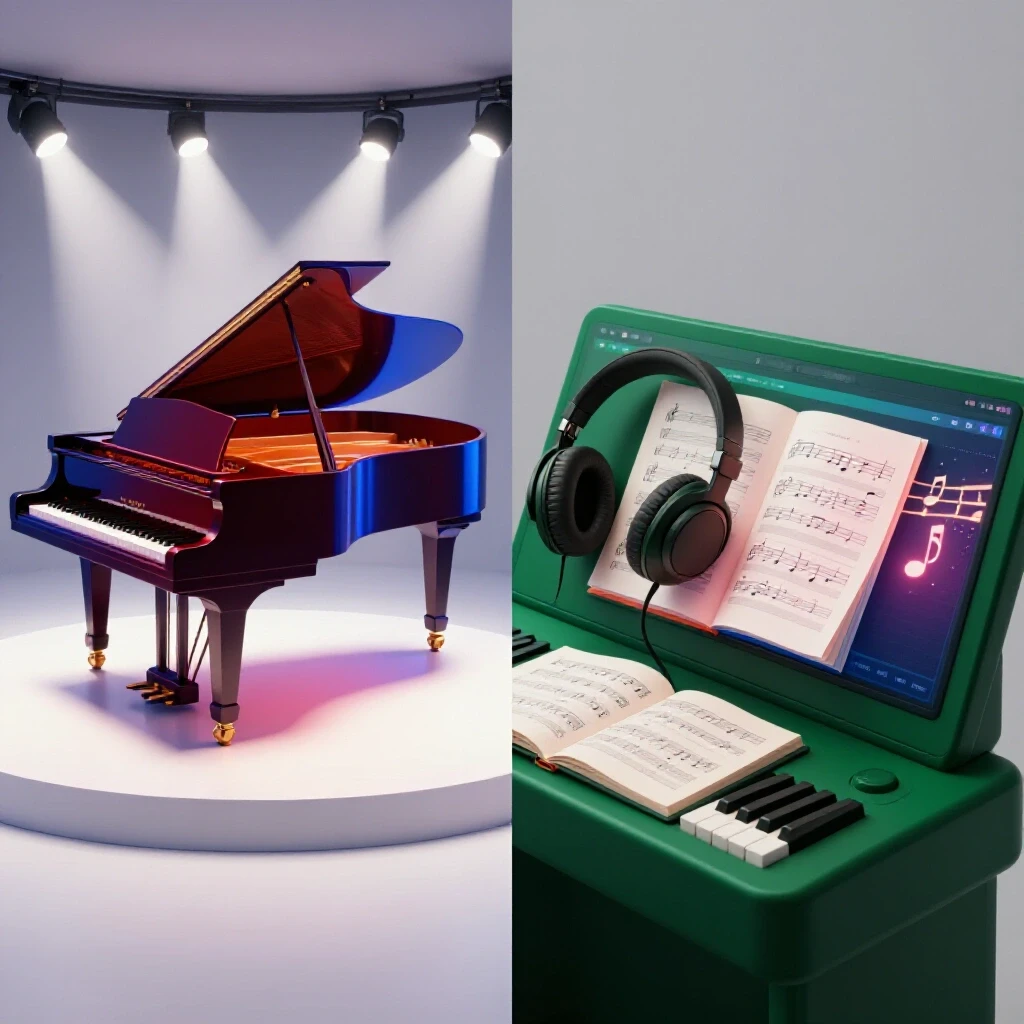 Dramatic split scene of a glowing stage piano and a digital music studio with vibrant accent colors.