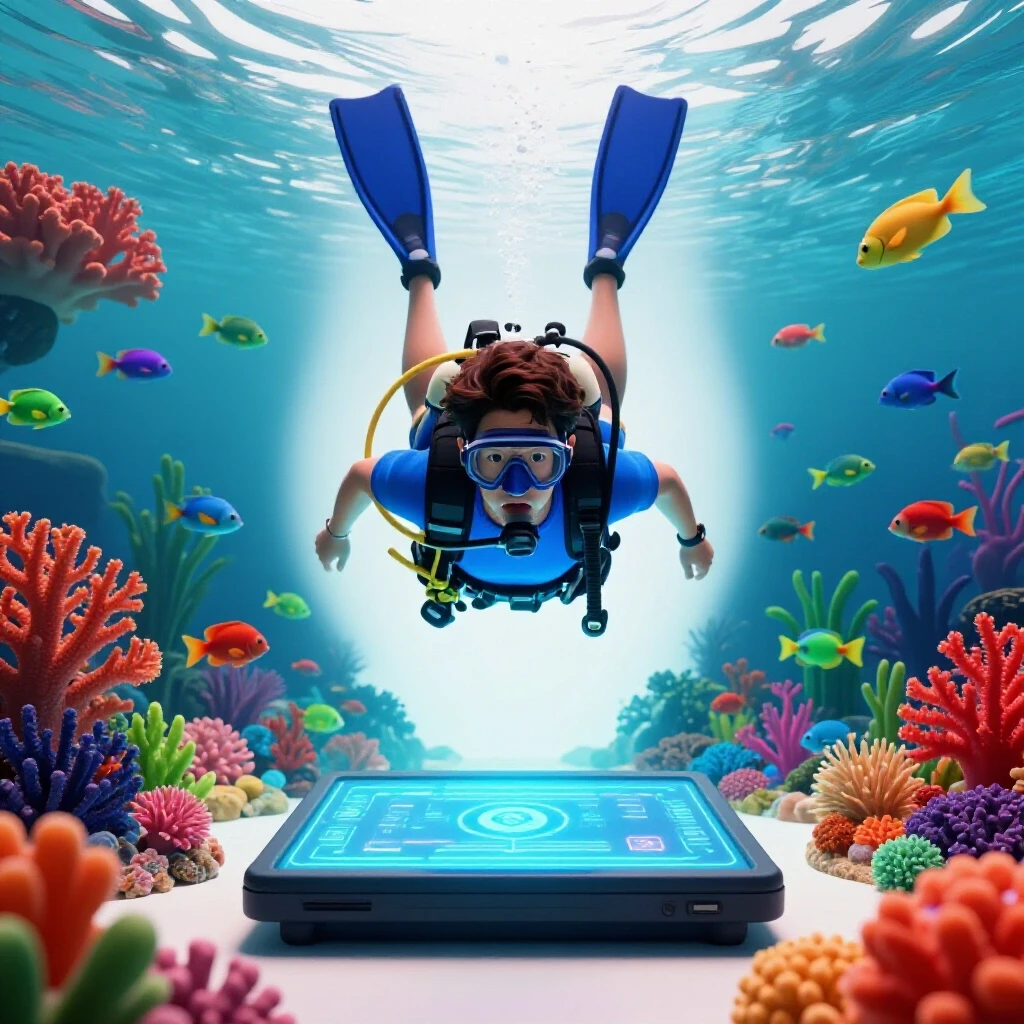 Student in scuba gear dives from a digital classroom screen into a vivid underwater world filled with marine life