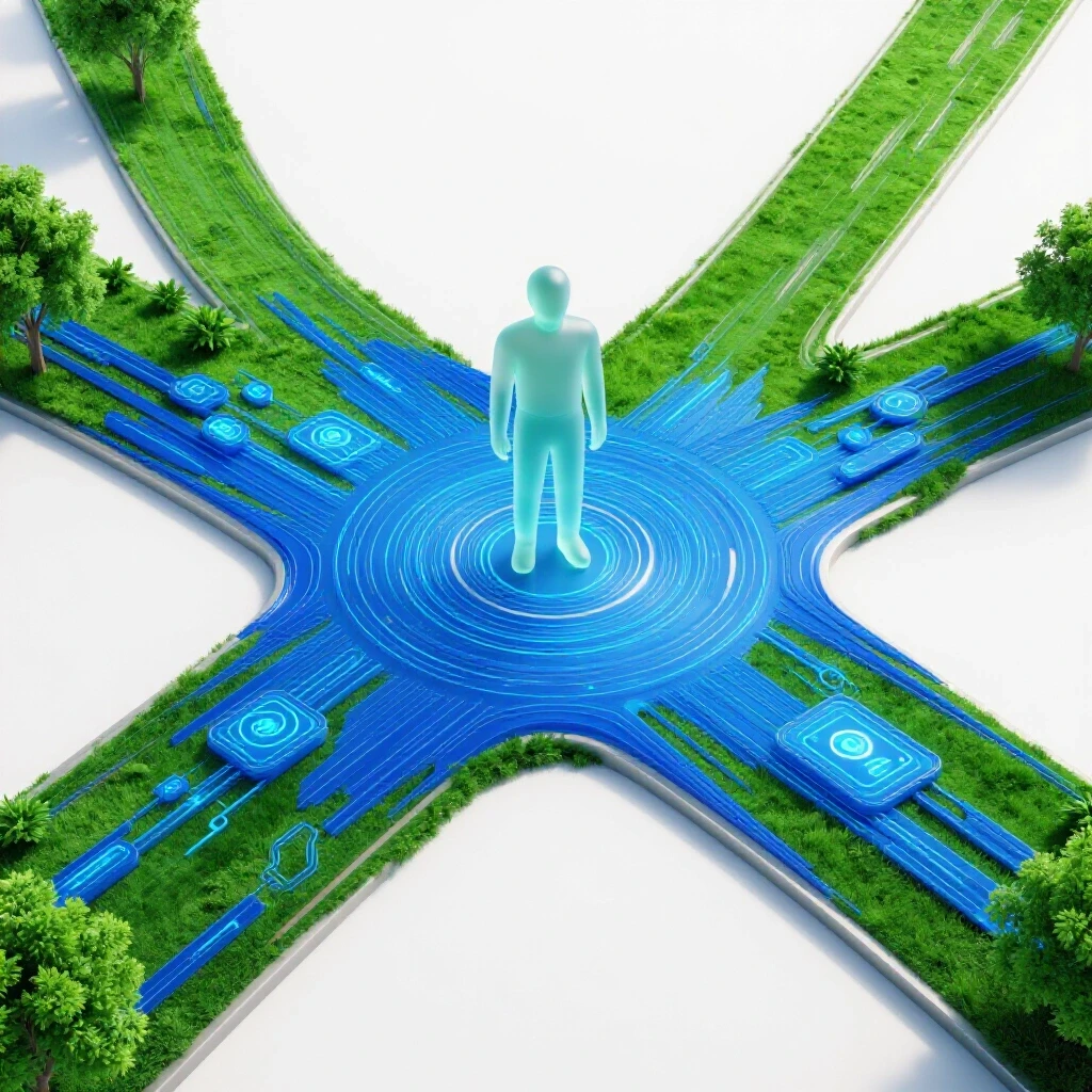 A vibrant crossroads where lush green park pathways blend with digital interface elements, centered on a stylized figure representing the intersection of nature and technology.
