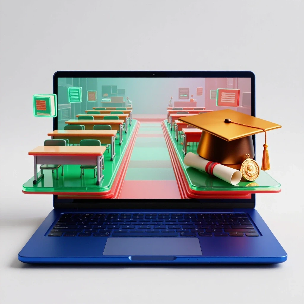 Laptop screen splitting into a virtual classroom and a graduation scene with vivid, rich colors on a bright background.