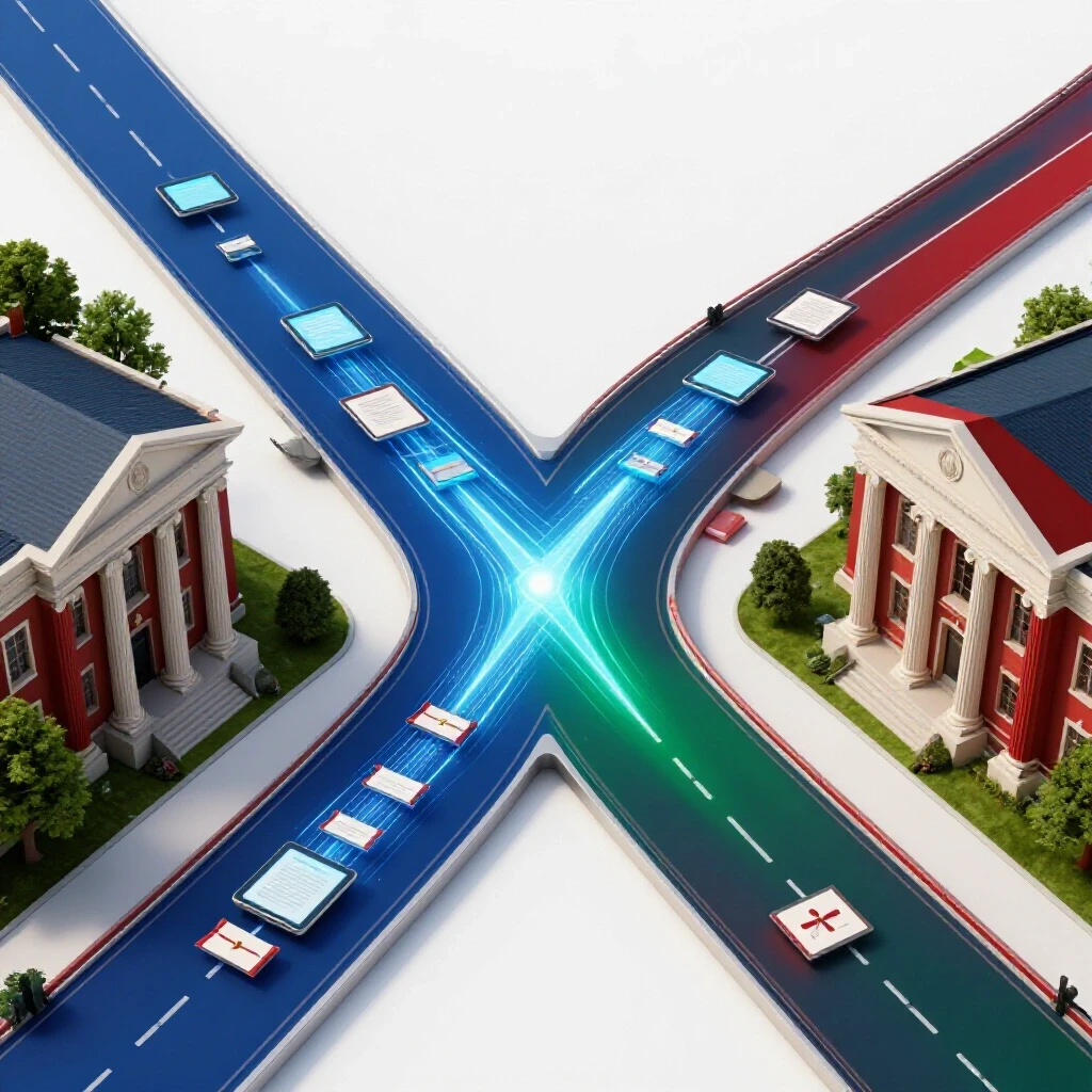 Vivid crossroads featuring a digital pathway with tech symbols opposite a classic campus building, both on a luminous background.