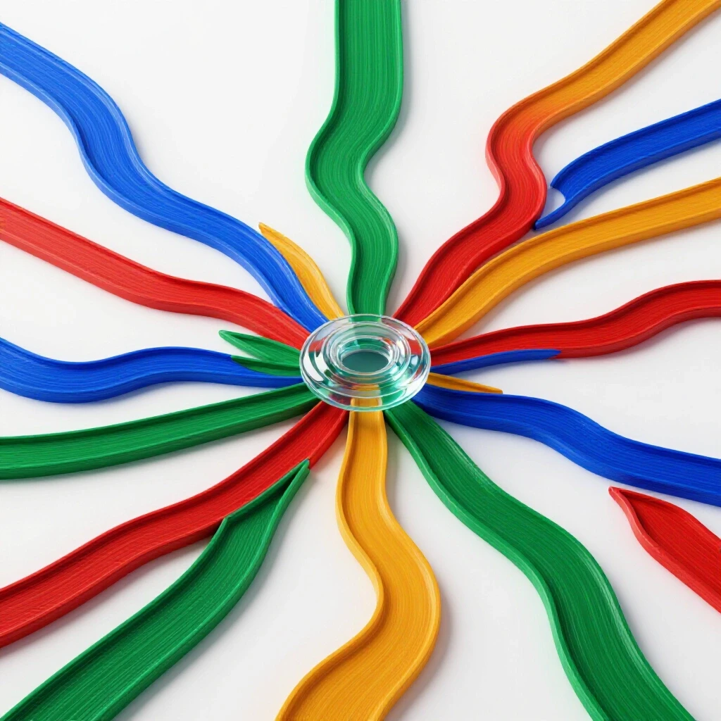 Central morphing hub with vivid, colorful pathways branching out on bright white background, symbolizing flexible education choices.