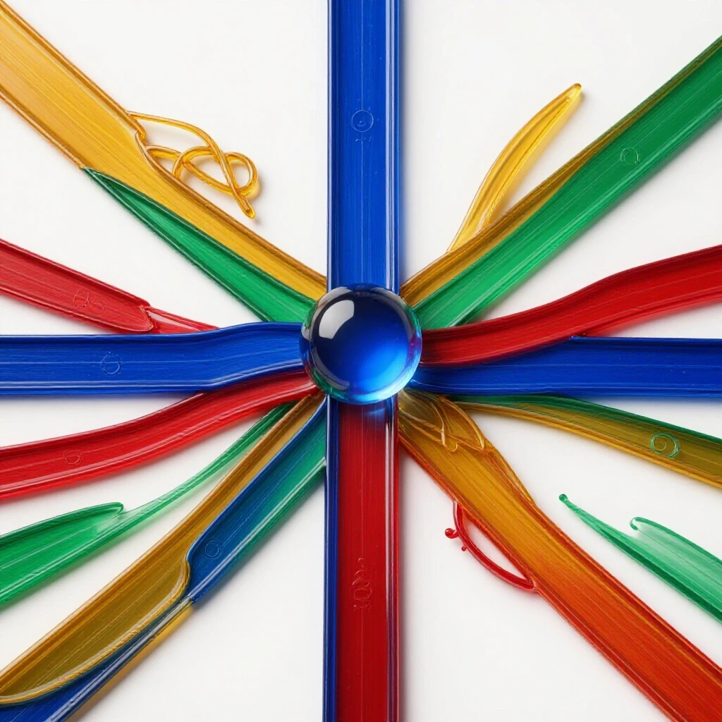 Glossy colorful pathways radiate from a central node with interconnected motifs, set on a bright background