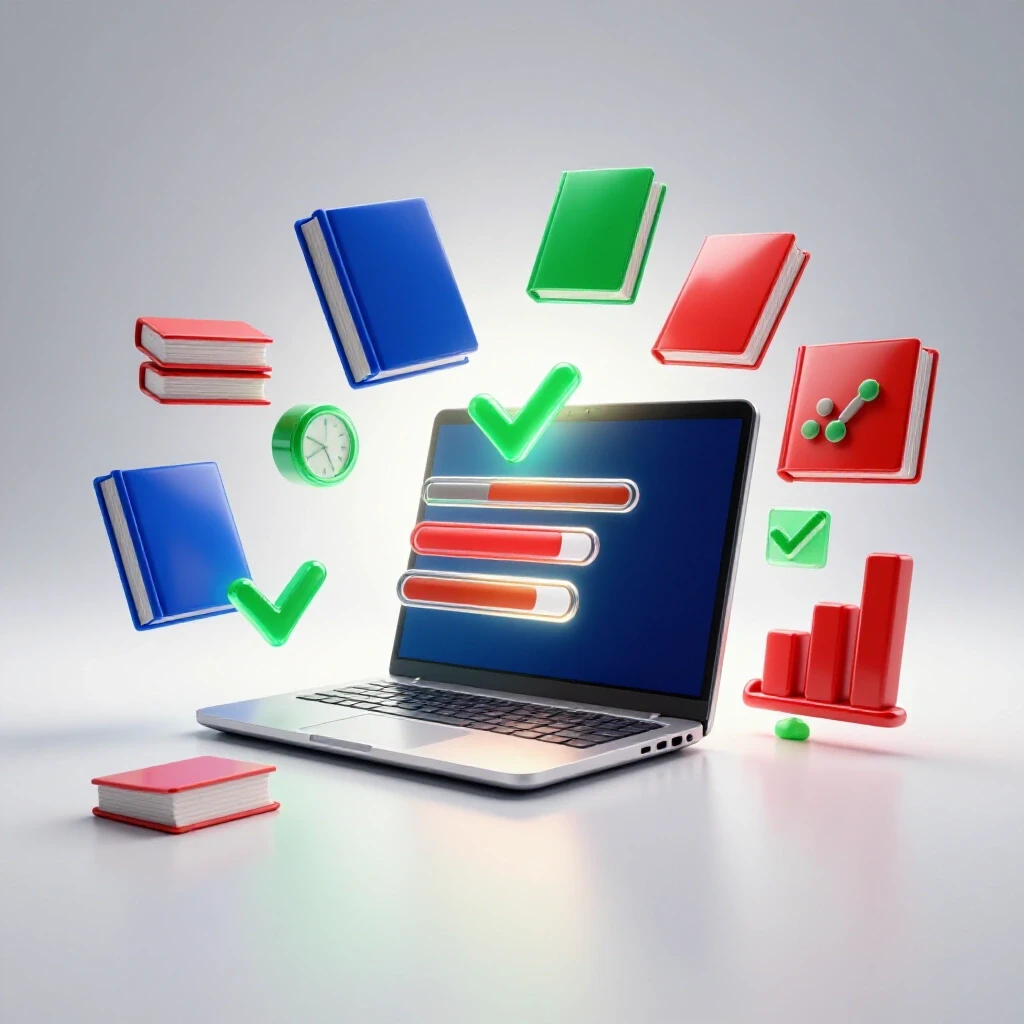 Open laptop surrounded by floating colorful icons of books, graphs, and progress bars on a bright background