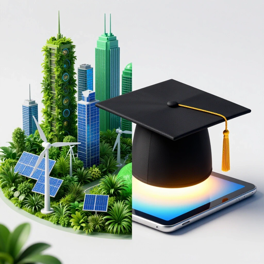 Split scene of a vibrant green city with renewable energy and a graduation cap on a digital tablet, symbolizing eco-education.