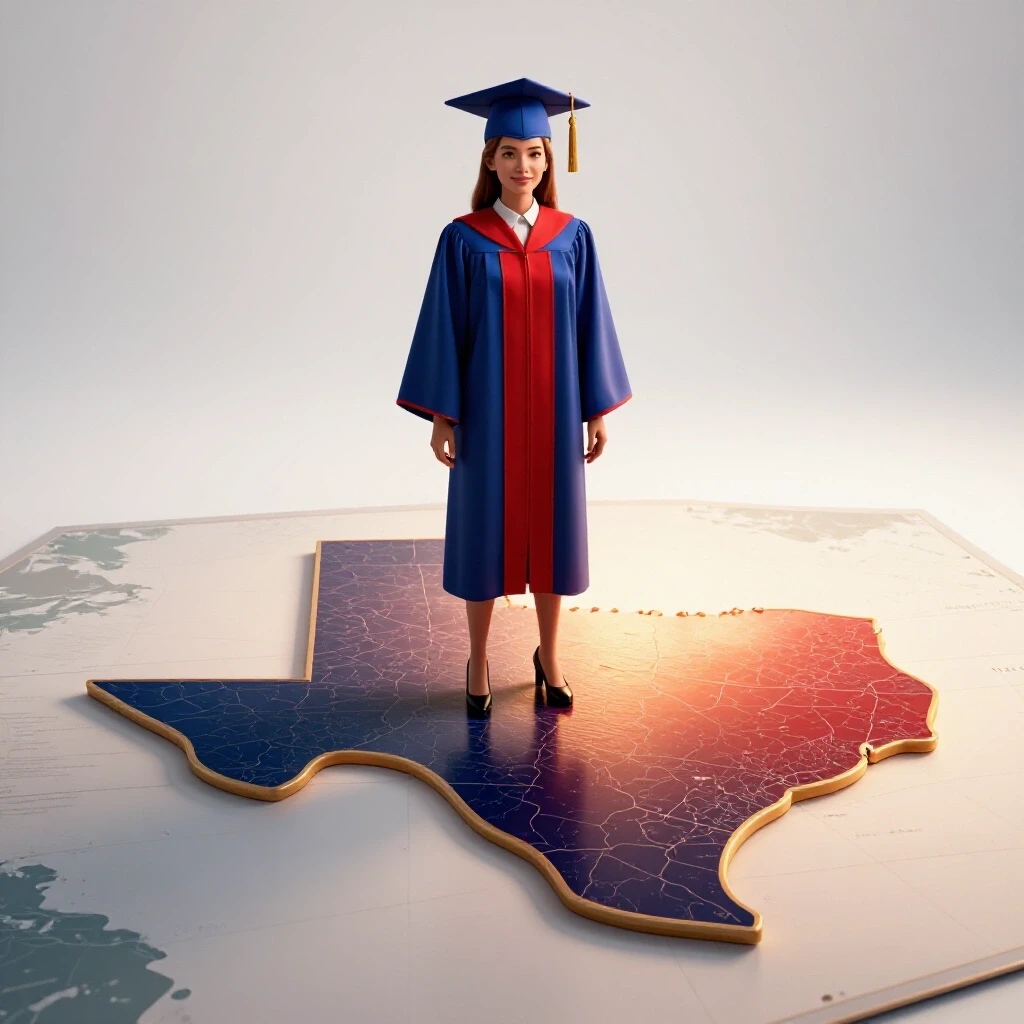 Split scene showing a graduation gown on a digital Texas map, one side brightly lit, other in shadow