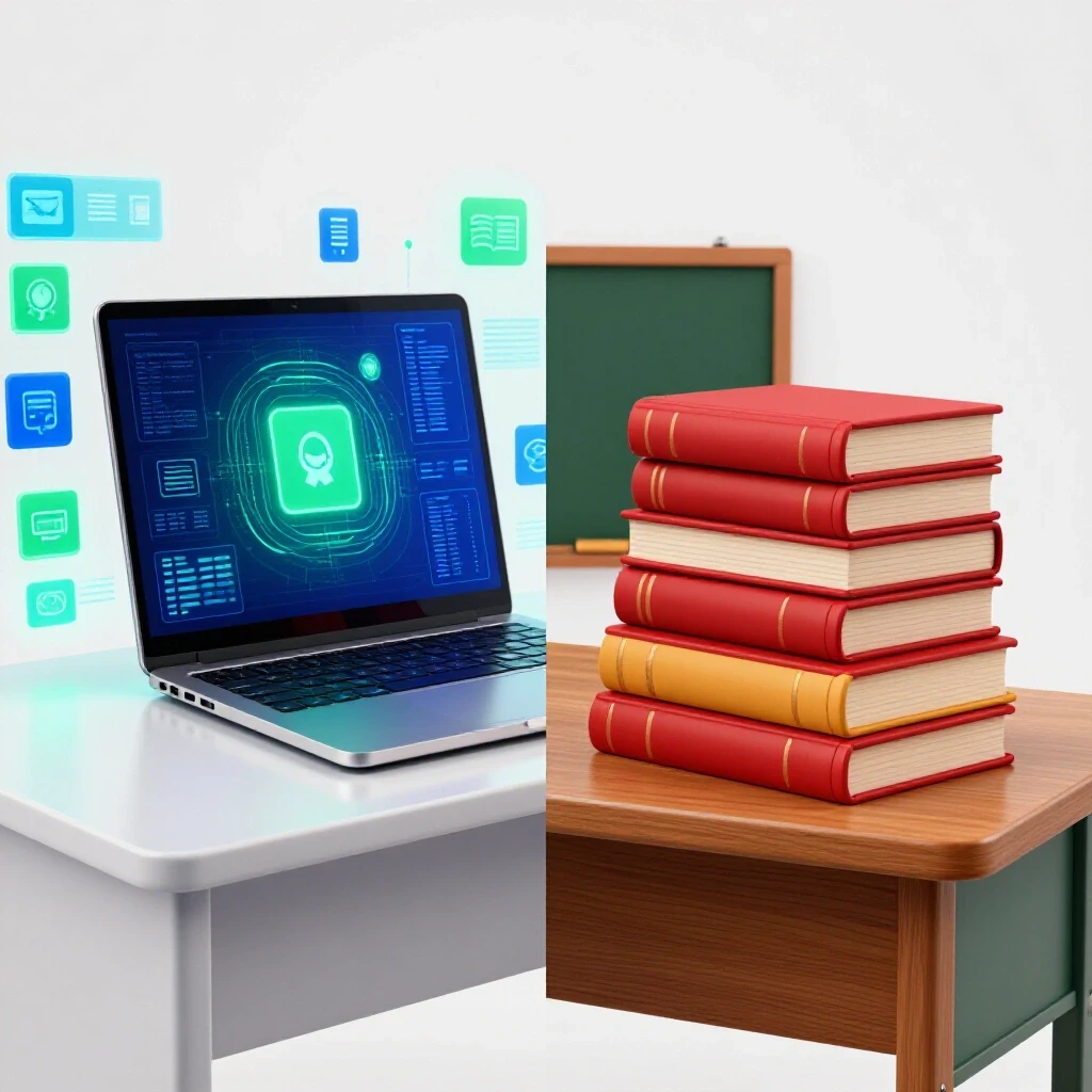 Split scene of a laptop in a digital setting merging into classic books on a desk, contrasting online and in-person education.