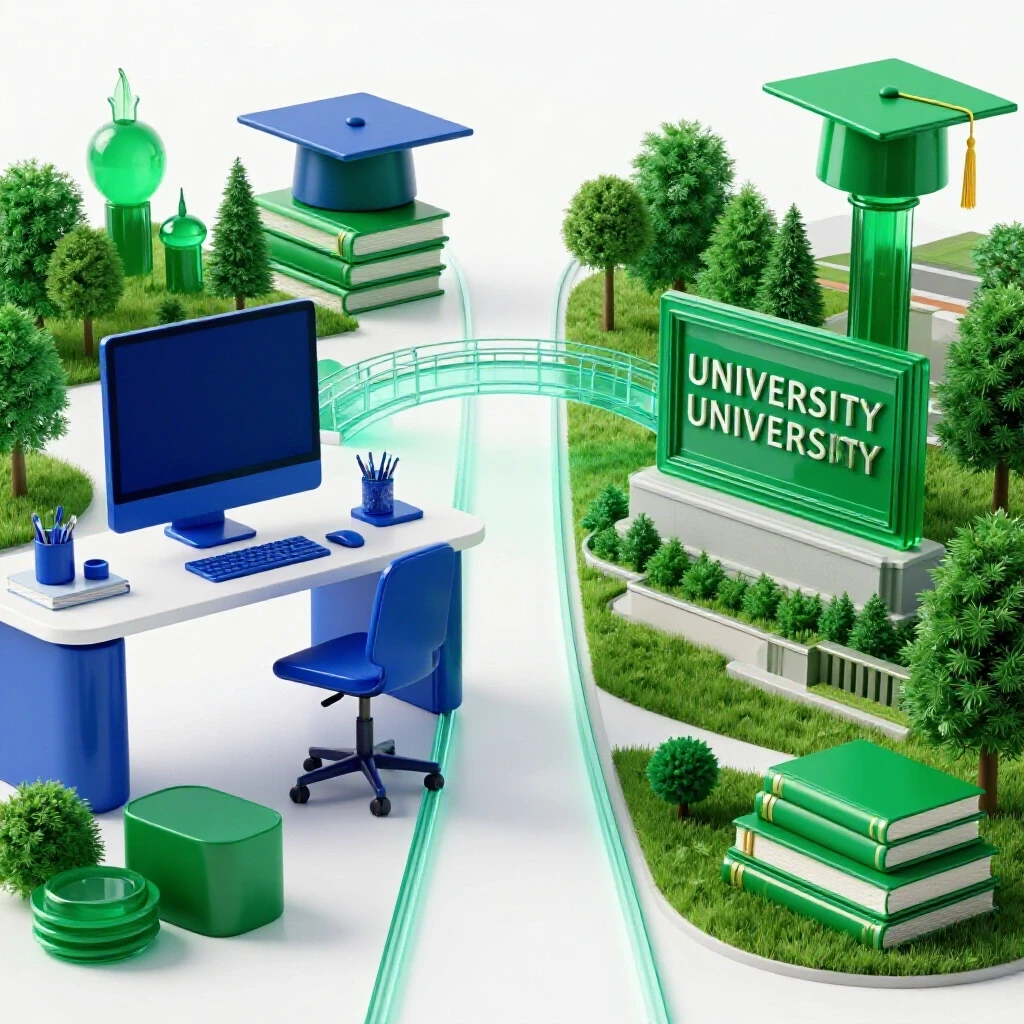 Split scene of a modern home office and a vibrant university campus, linked by a glowing bridge symbolizing master’s pathways.