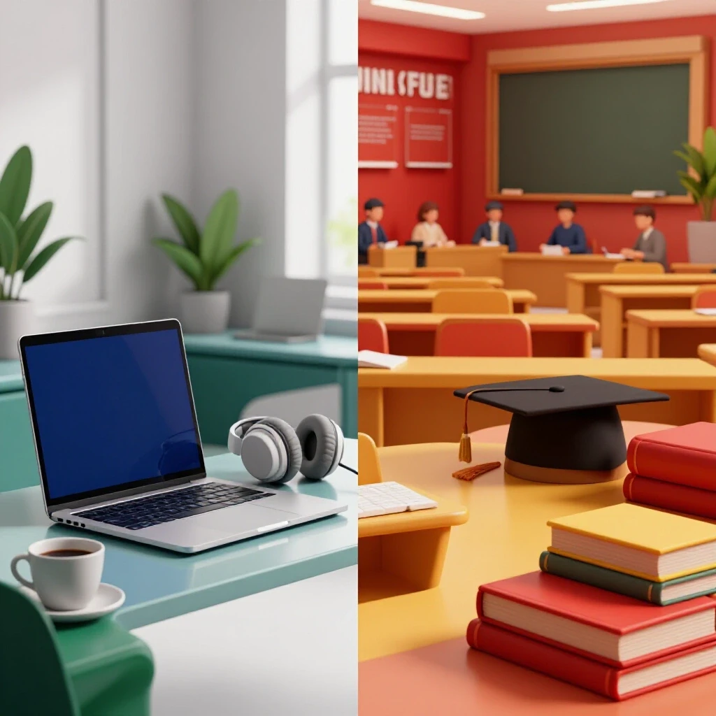 Split-scene image contrasting a cozy home study workspace with a dynamic university campus setup, showcasing online versus on-campus learning environments with vibrant deep colors.