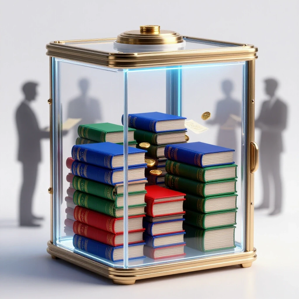 Glowing transparent vault overflowing with colorful academic journals, surrounded by abstract figures exchanging coins and documents against a bright white background.