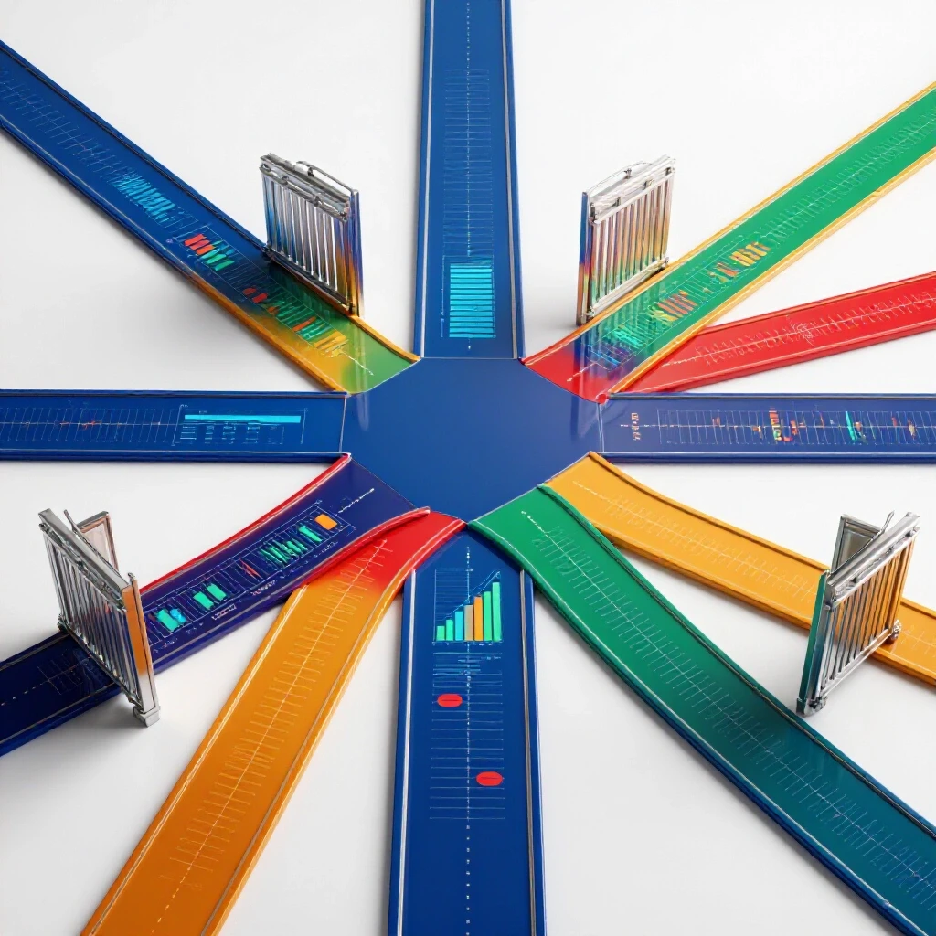 Glossy crossroads with open gates leading to colorful paths that transform into data charts and graphs, set against a bright white background.