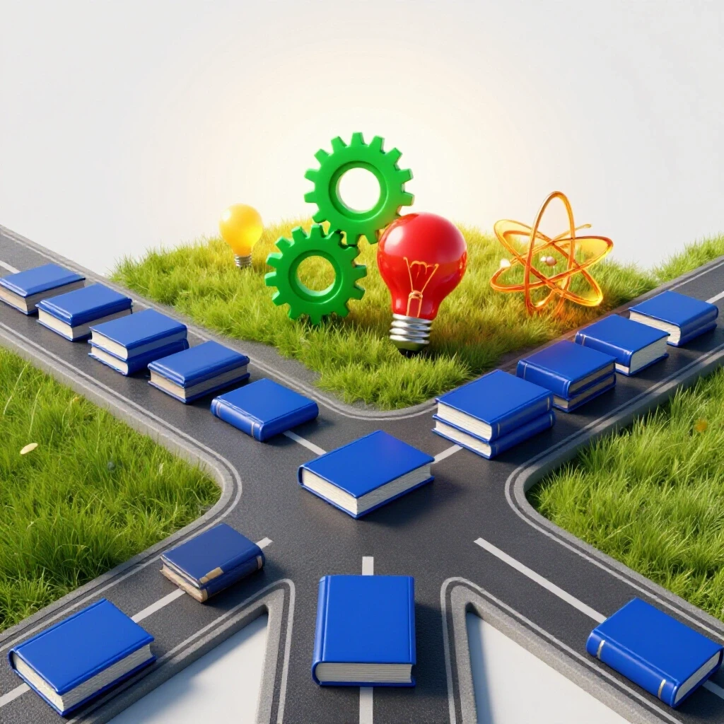 A crossroads showing a paved path lined with identical books and an open field dotted with diverse learning symbols under bright lighting.