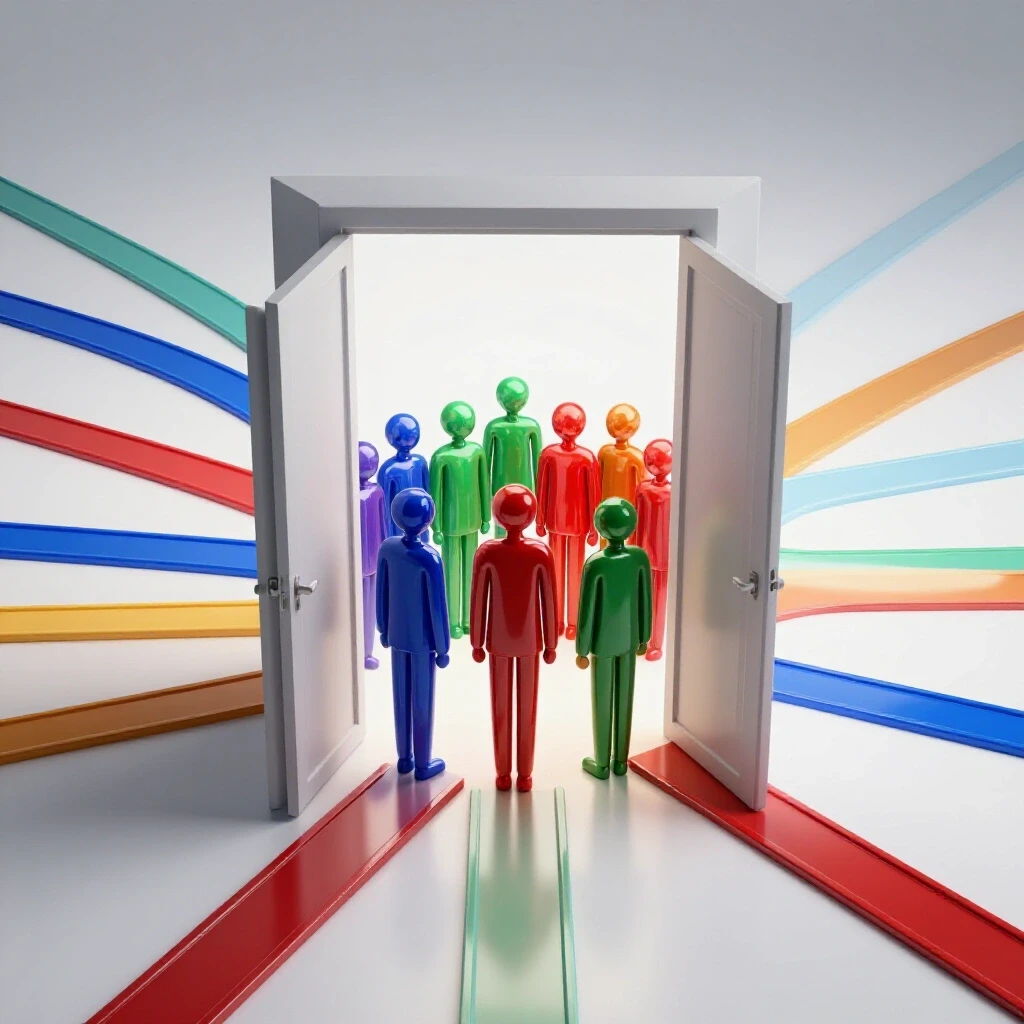 A group of colorful student figures stand at an open doorway, with multiple bright paths extending beyond.