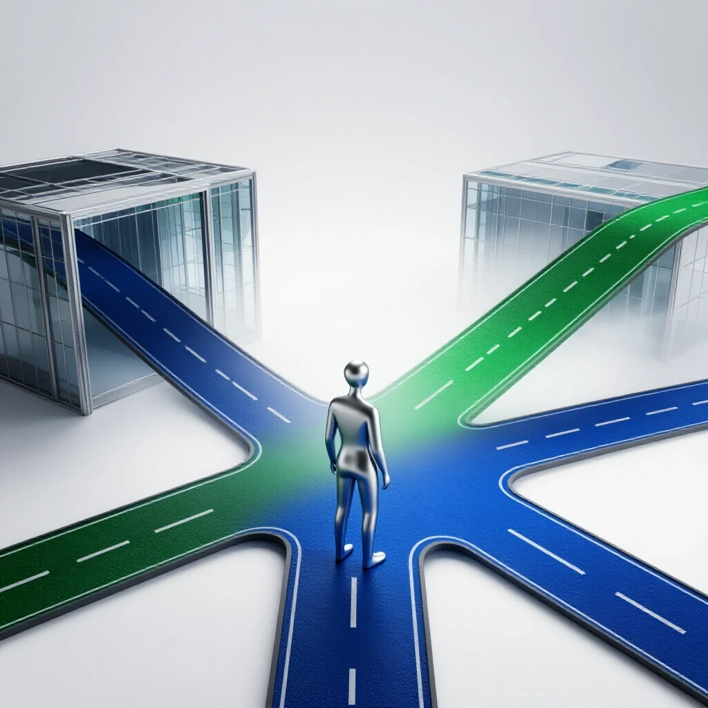 Two colorful roads diverge at a crossroads with an open building ahead, symbolizing educational choices.