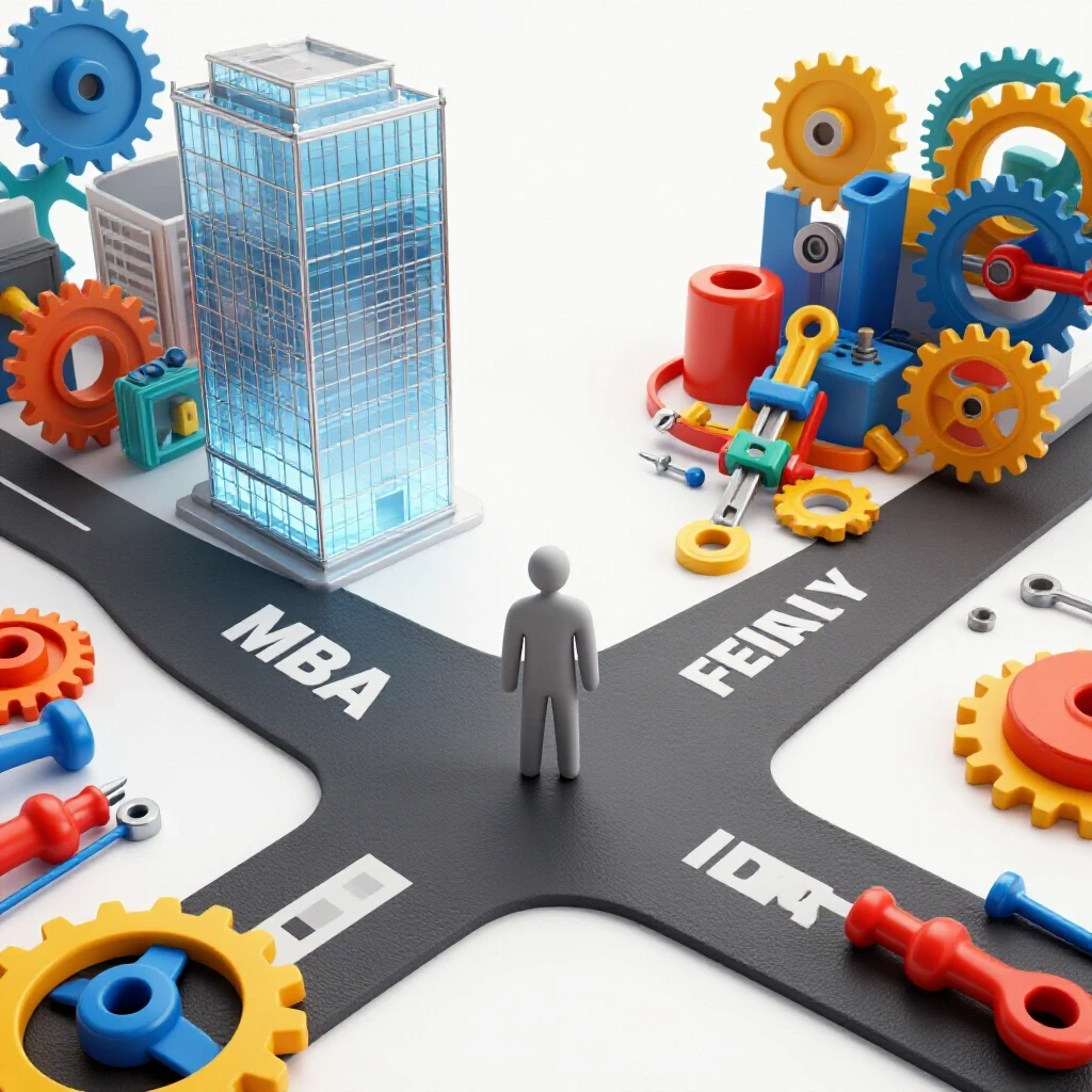 Abstract figure at a crossroads, with a glass building on one path and a workshop of tools and gears on the other.