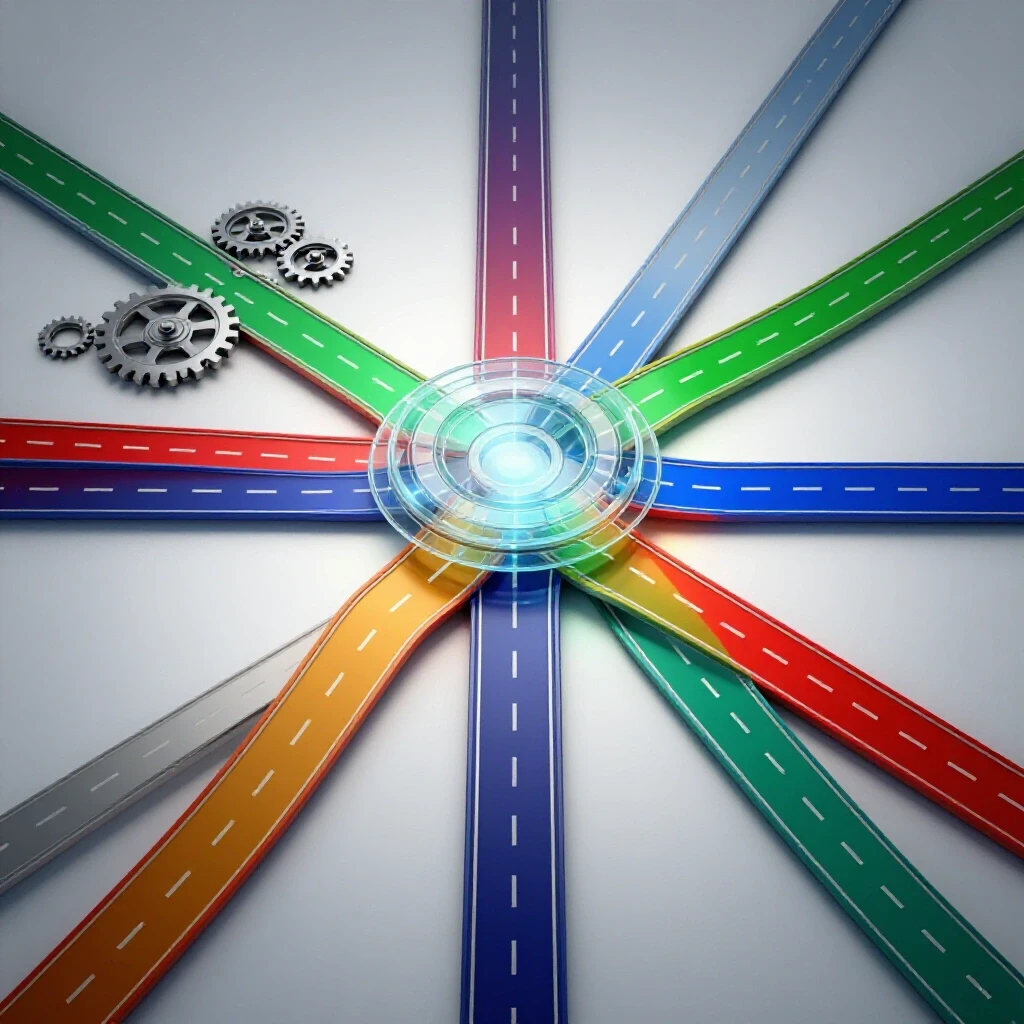 Vivid crossroads of colorful pathways and gears converging at a glowing central hub on a bright background