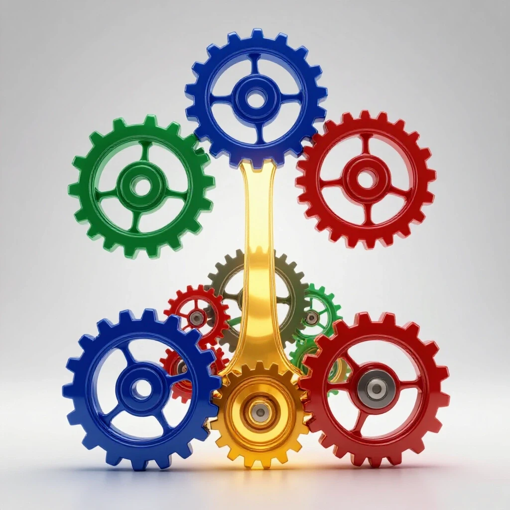 Interconnected colorful gears and abstract flowcharts with a glowing golden pathway on a bright background