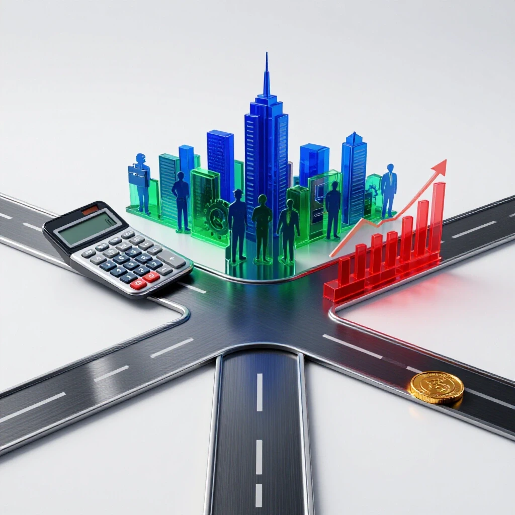 Bright crossroads scene with career symbols and a calculator, graph, and coin representing operations research degree pathways.