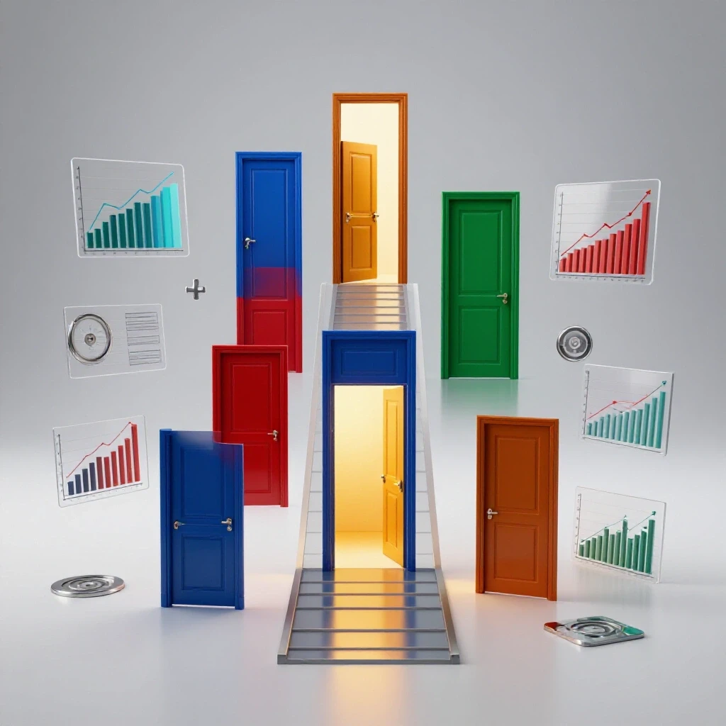 Richly colored analytical charts and graphs intertwine with a pathway of glowing doors on a bright background.