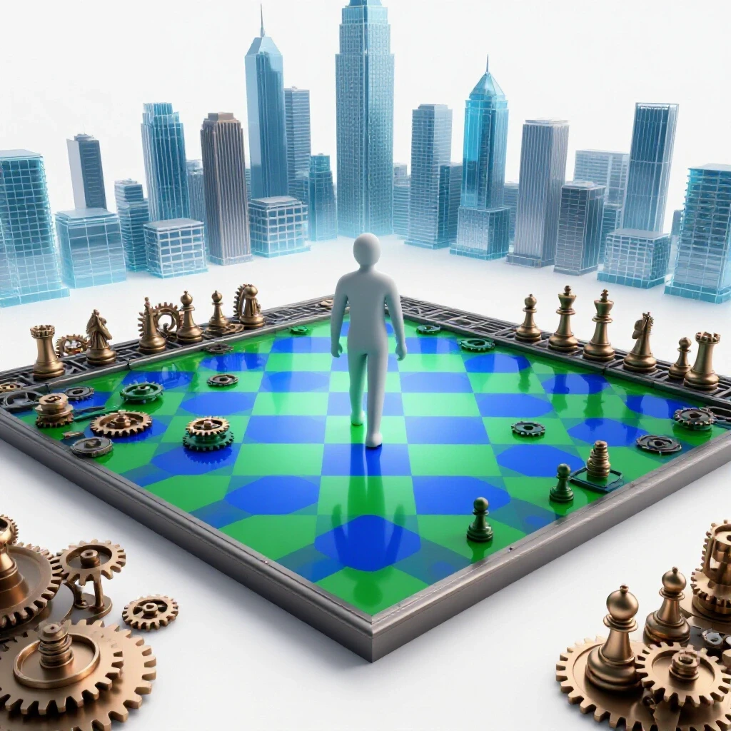 Abstract figure steps from complex gears onto a bright chessboard facing a city skyline, symbolizing a move from operations to strategy.