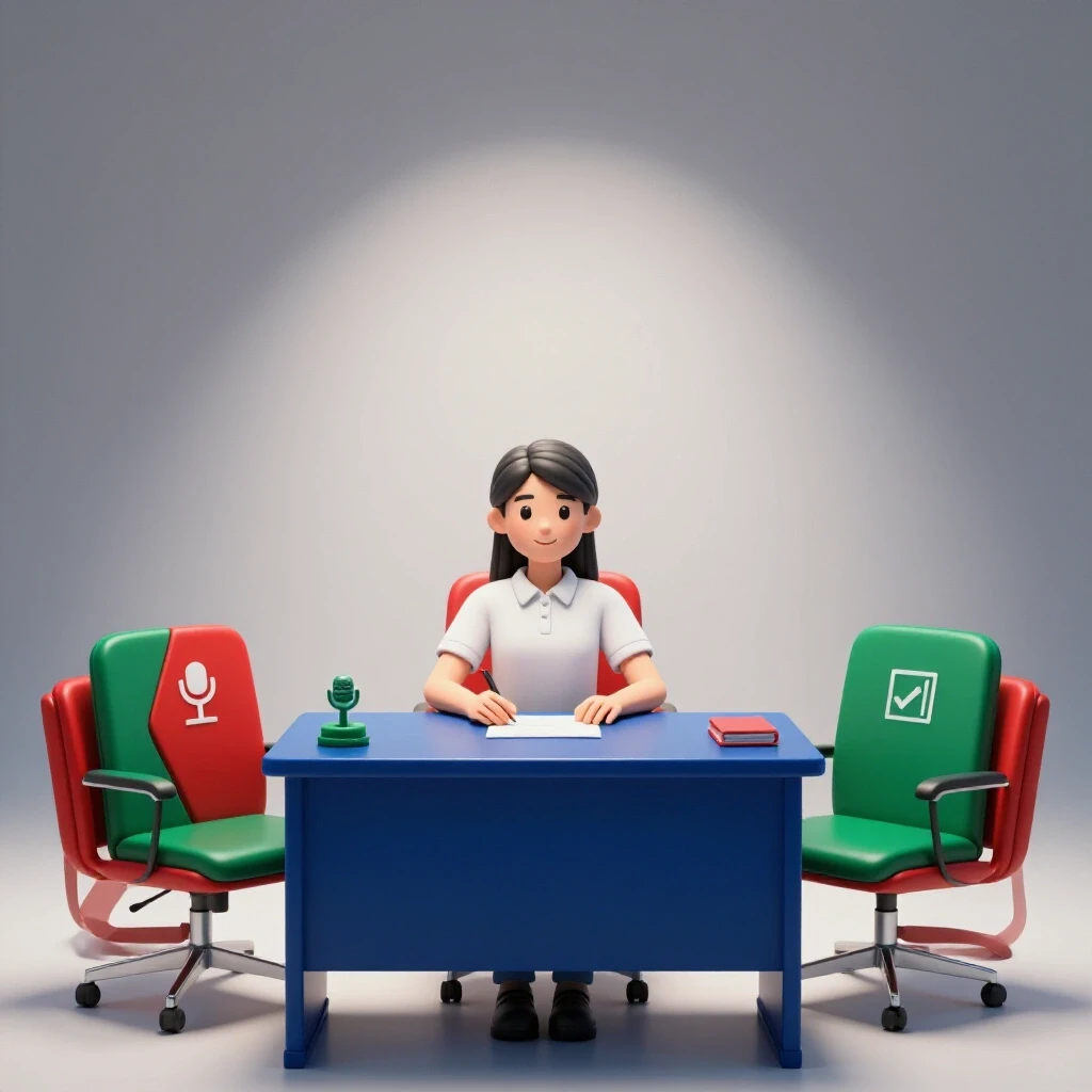 Vivid exam setting with a spotlighted student desk, two examiner chairs, and exam symbols on a bright background.