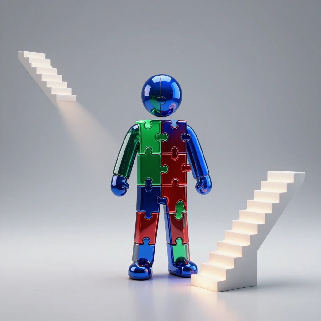 Glowing, colored puzzle pieces form a staircase and a central figure, symbolizing career credential organization.
