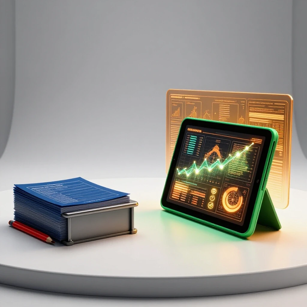Split scene contrasting classic paper exams and desk with vibrant digital tablets and data charts on a bright studio background.