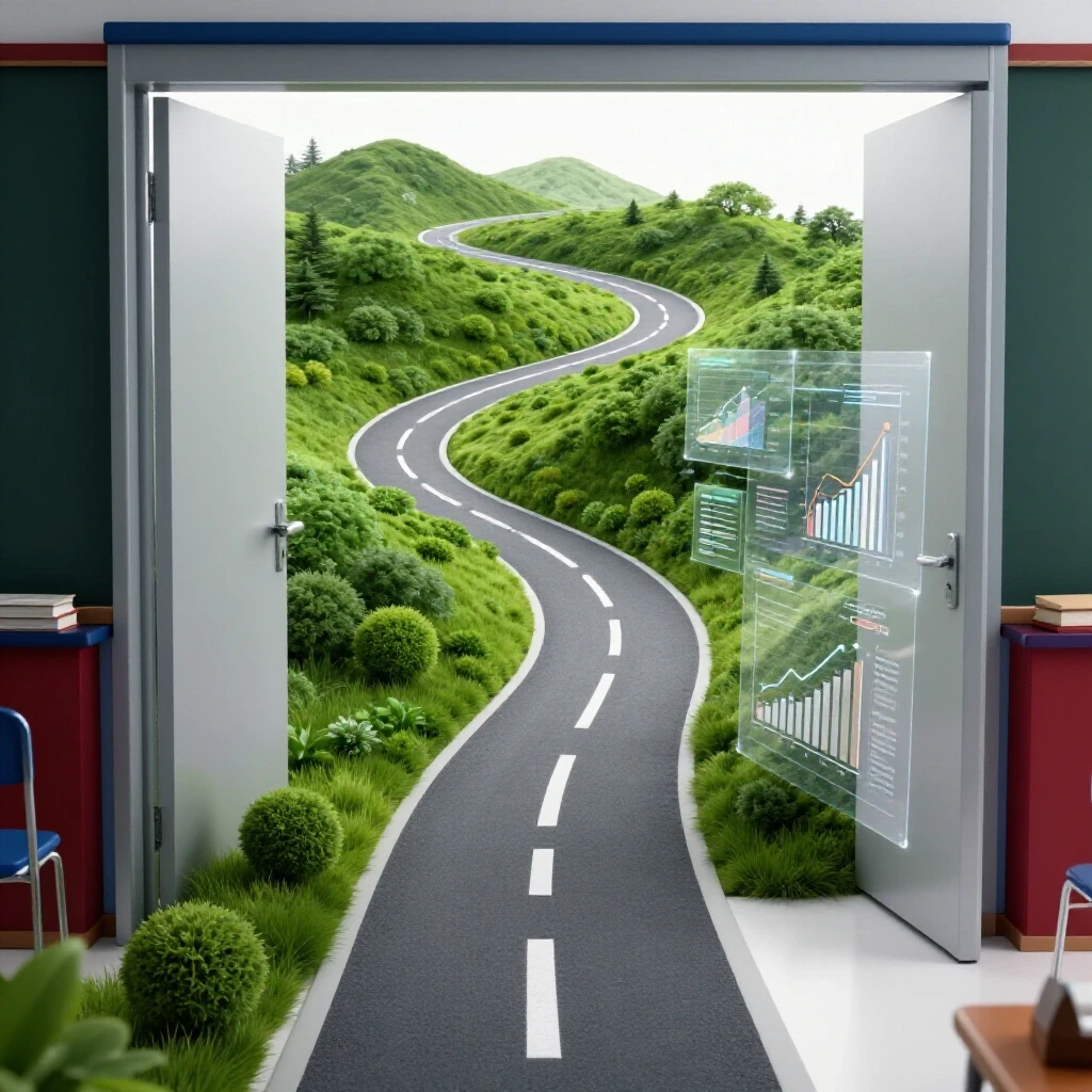 Winding path diverges from a vibrant classroom toward lush landscapes and abstract data overlays, symbolizing study breaks and progress.