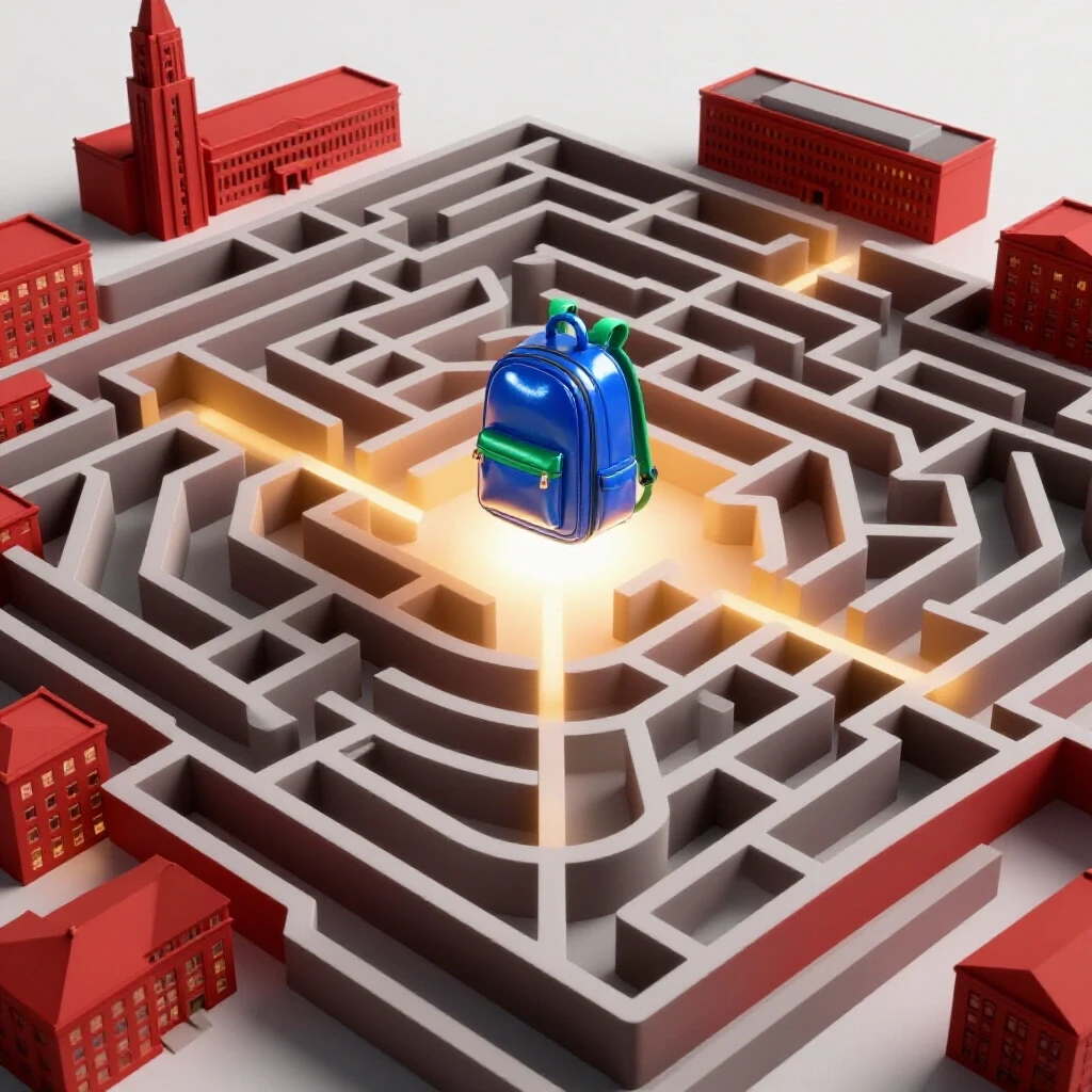 Central student backpack on a vibrant, maze-like campus with glowing pathway under bright studio lighting