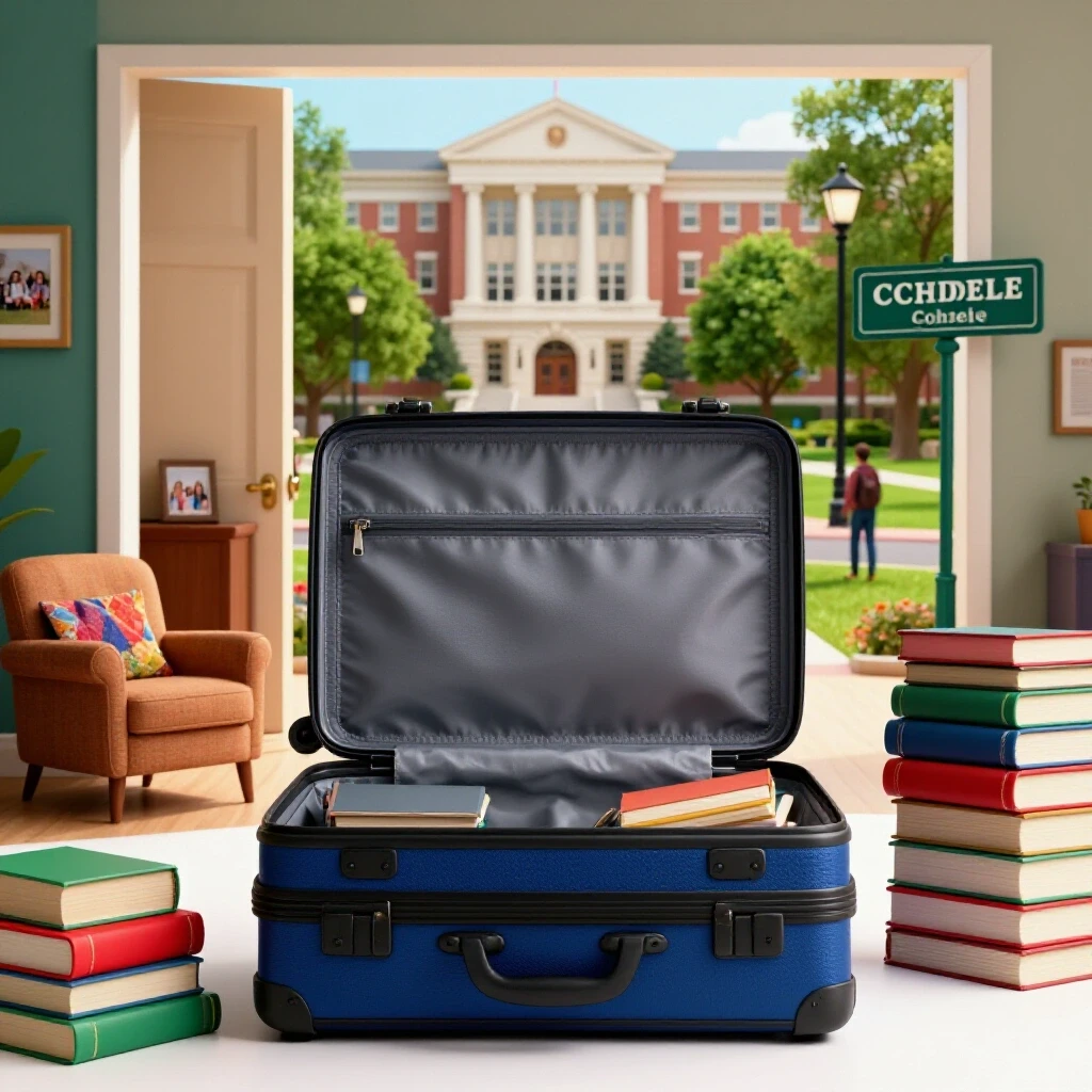 An open suitcase centered at the threshold between a cozy home interior and a vibrant college campus scene.