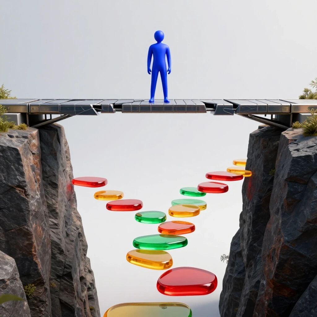 Bridge fragments and glowing pathway spanning cliffs, symbolizing creative ways to overcome credential gaps