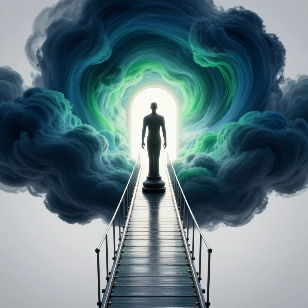 Symbolic figure crosses a narrow metallic bridge over swirling storm clouds toward a radiant glowing doorway.