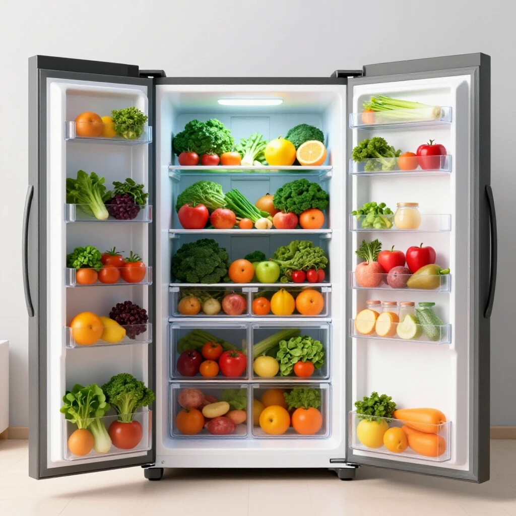 Open refrigerator filled with colorful fresh food in a minimal dorm room with bright studio lighting.