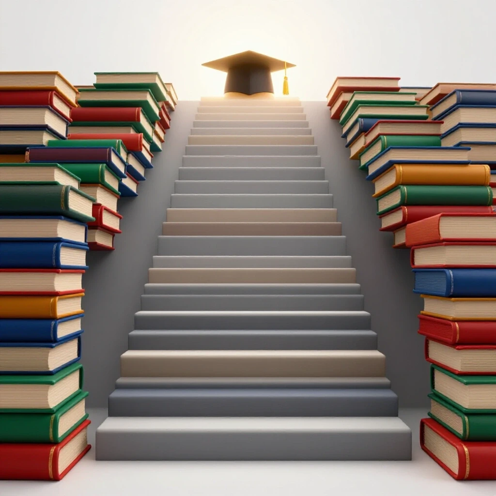 A staircase made of colorful books leads upward to a glowing graduation cap, symbolizing academic achievement.