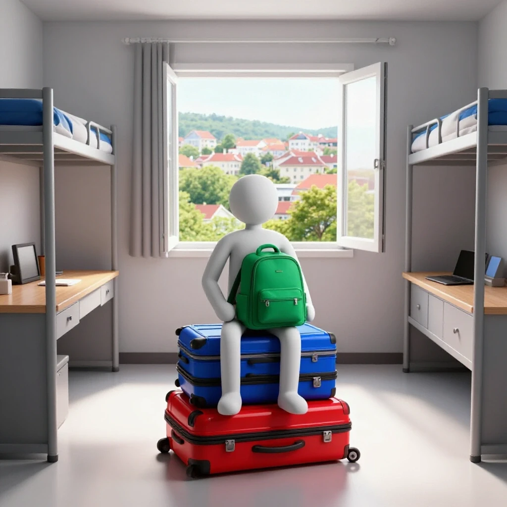 A symbolic student represented by bright heirloom suitcases and a backpack sits in a sunlit dorm room, gazing through an open window at a colorful, inviting hometown landscape.