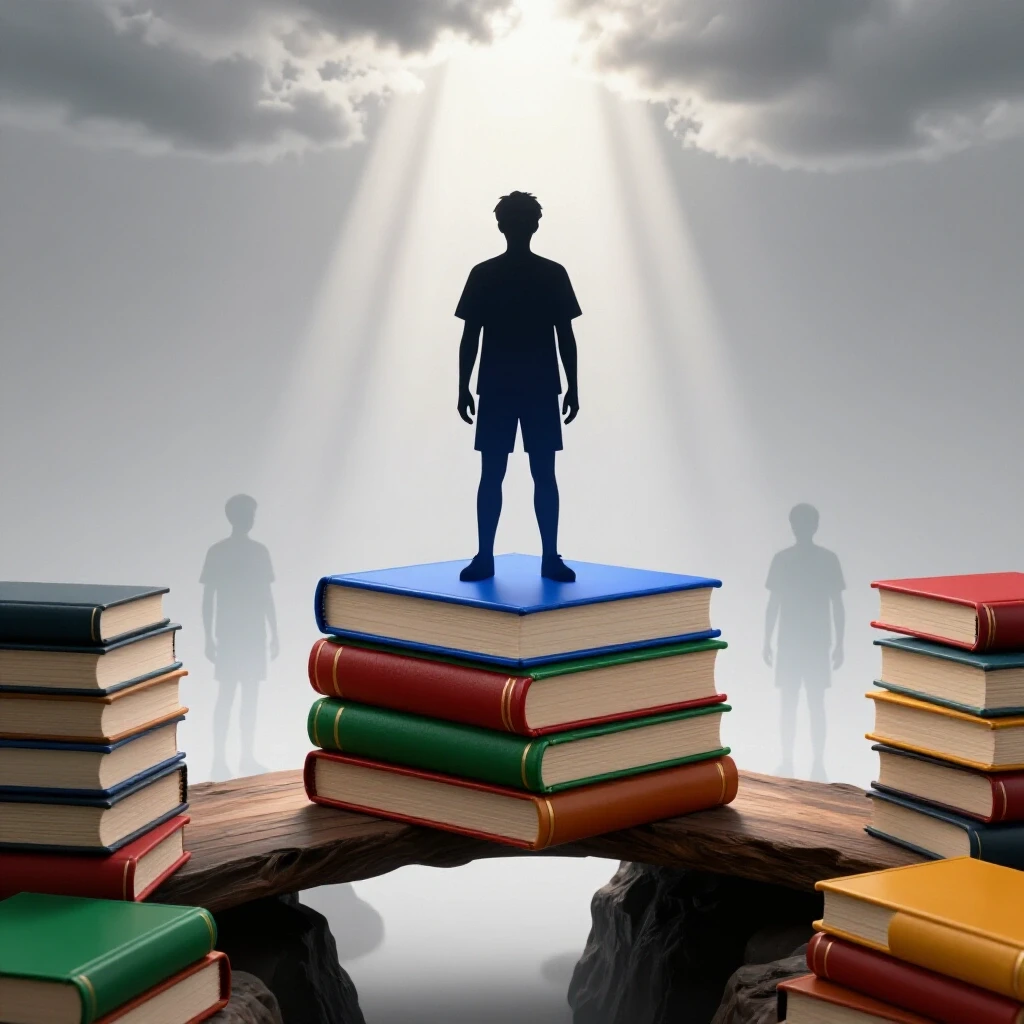 Student silhouette stands atop bright, stacked books bridging a chasm with ghostly doubts below and rays of light above.
