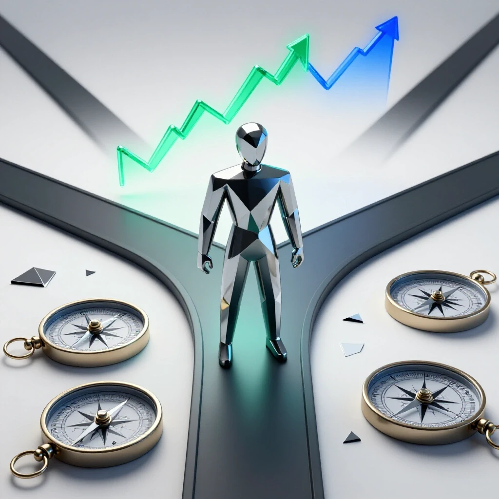 Abstract figure at a crossroads with broken compasses and an illuminated data graph guiding a clear path forward.