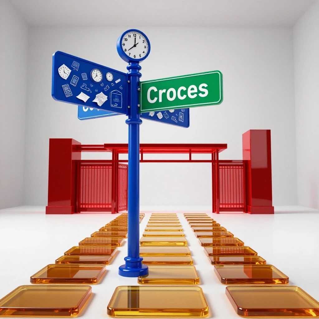 A glossy crossroads signpost stands between a cluttered path of distractions and a luminous path of stepping stones leading to a bright campus gate.